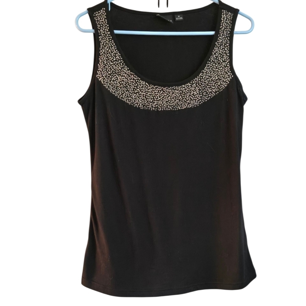 Tribal Black Tank Top with Speckled Neckline, Size Medium